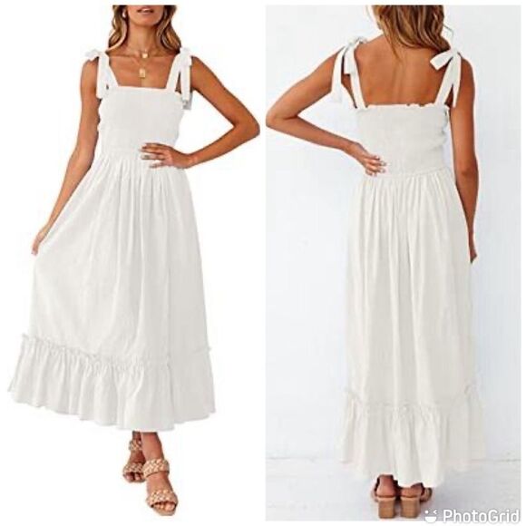 Dresses & Skirts - ZESICA Boho Spaghetti Strap Square Neck Solid Color Ruffle A Line Beach